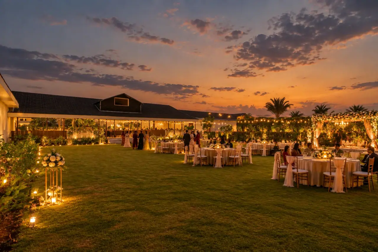 Outdoor corporate gathering space lit up at sunset