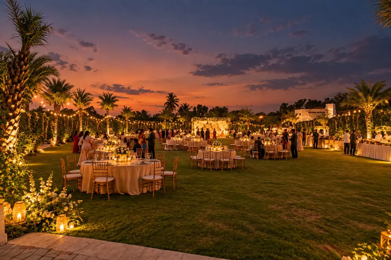 Evening wedding setting with outdoor dining and warm lighting
